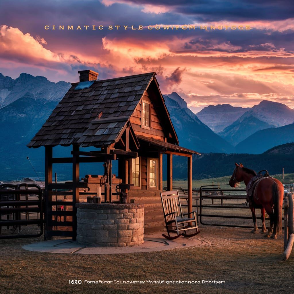 Cowboy House at Sunset with Horse and Well