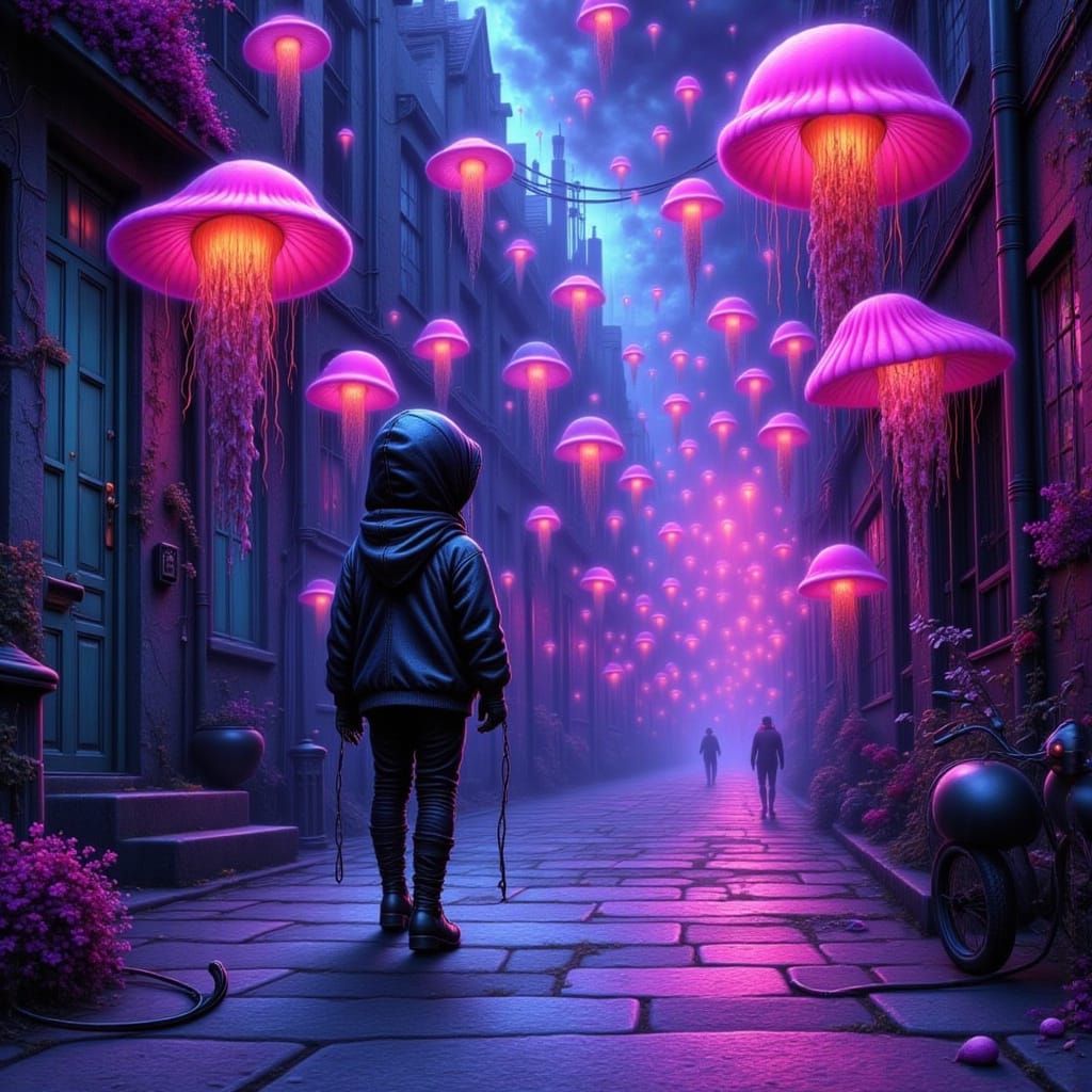 Dreamlike Urban Alley in Cyberpunk Neon