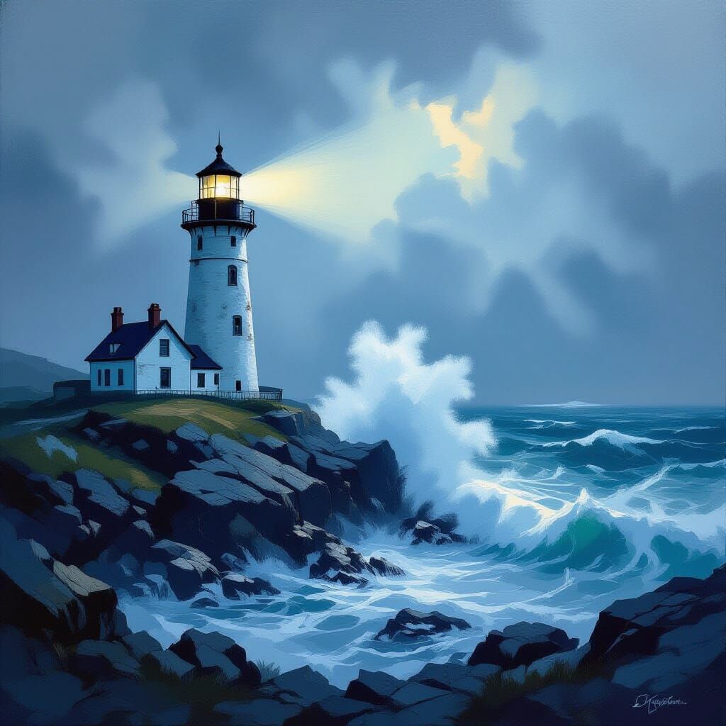 Majestic Lighthouse in Stormy Seas, Oil Painting