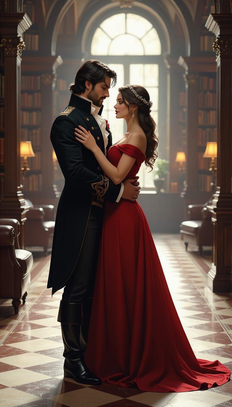 Regency Romance Couple in Library, Dark Fantasy Art