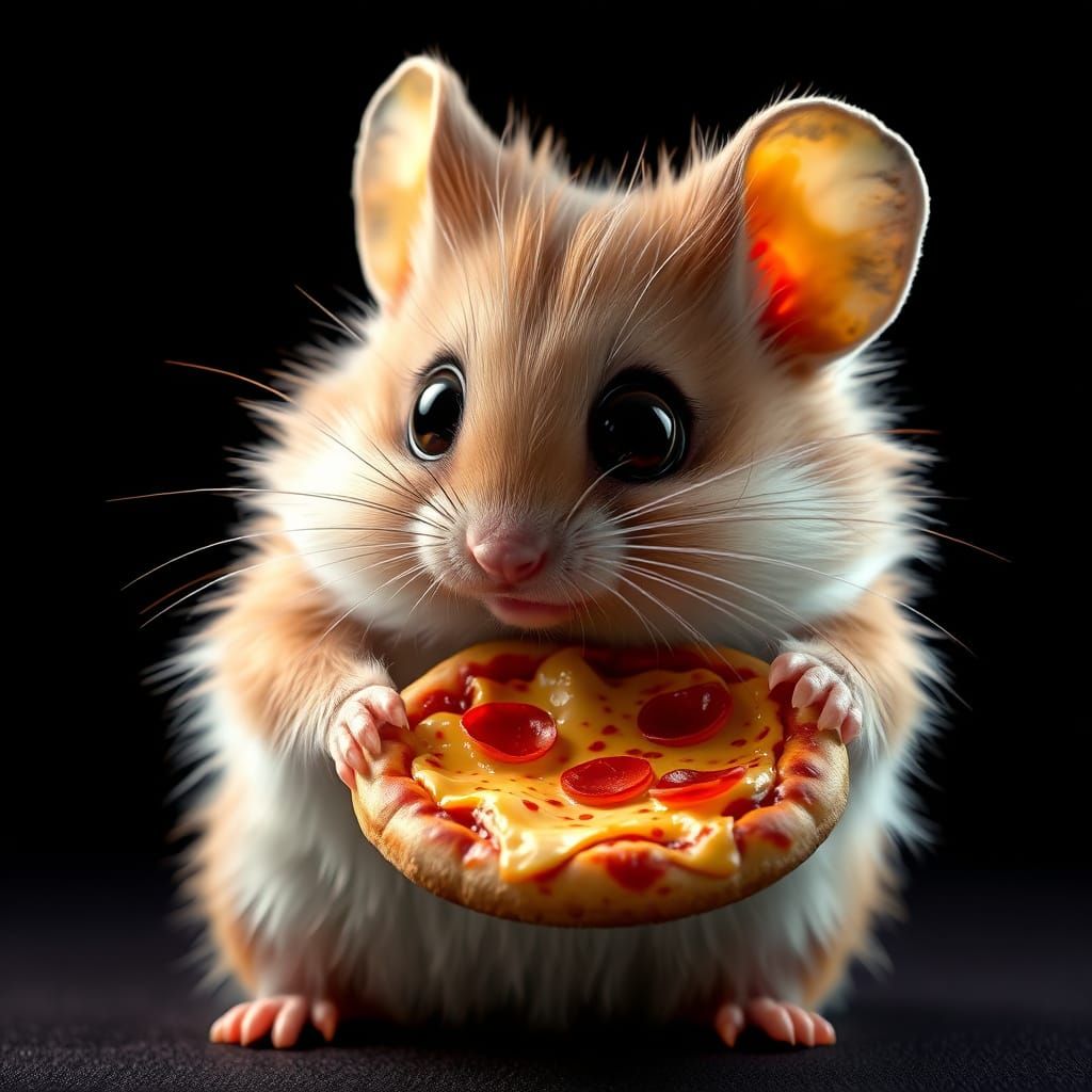 This image features a small, furry animal with large ears and wide, dark eyes, holding a miniature pizza in its front pa...