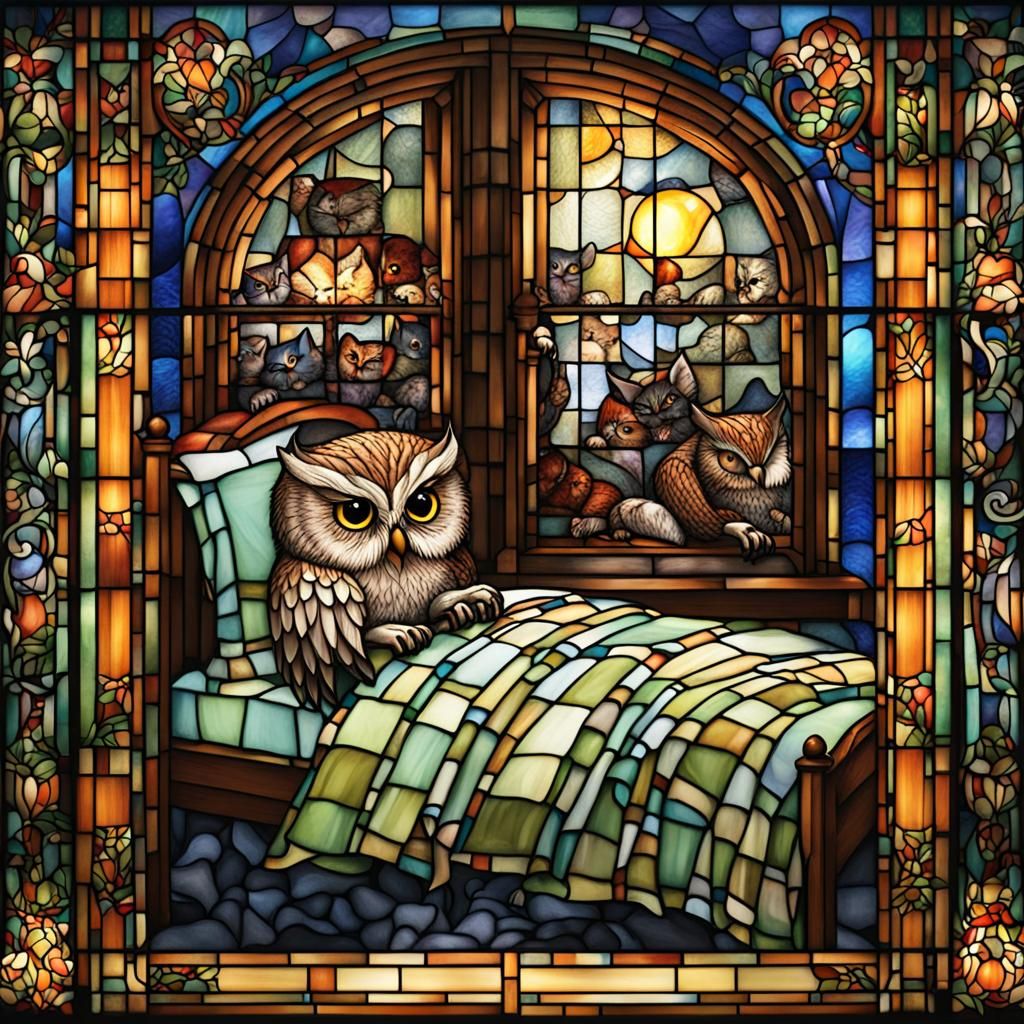 Tiffany Stained Glass: Owl Reading to Kittens