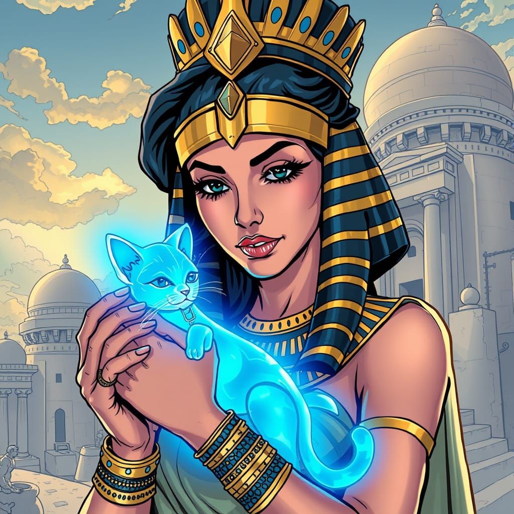 Egyptian Queen Cleopatra with Holographic Cat in Ancient Ale...
