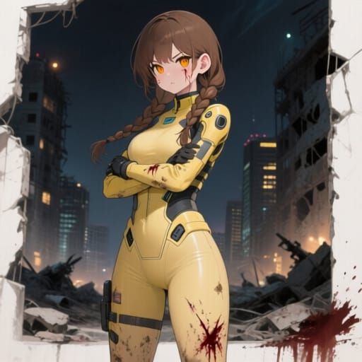 Kawaii Anime Warrior in Ruined City