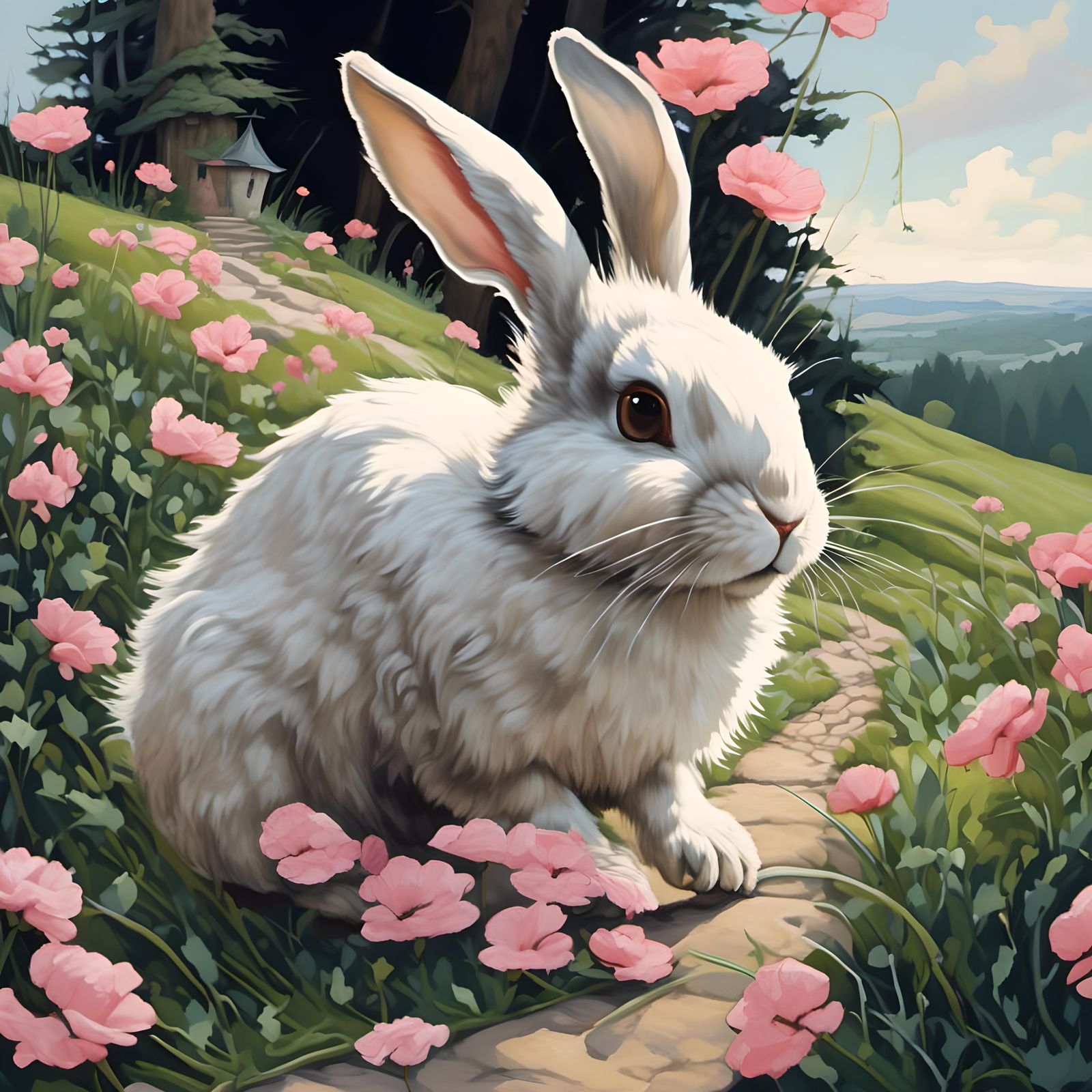 <lora:Pink Snow WaterCol 1:1.0> Cute bunny rabbit going for ...
