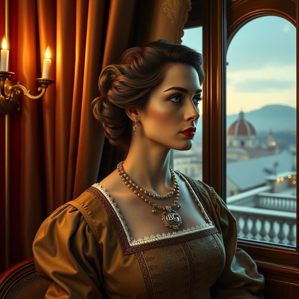 Mysterious Lady in Russian Style with Renaissance Italian Ac...