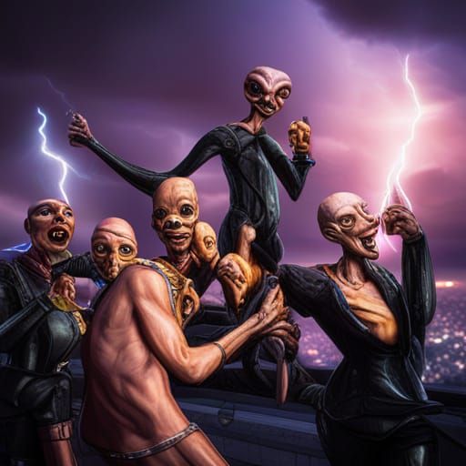 Laughing Aliens and Cyborgs Celebrate on Rooftop Bar
