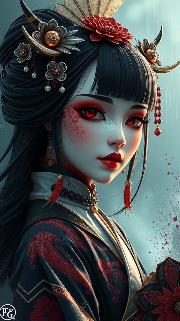 Cyberpunk Geisha Concept Art in Vibrant Triadic Colors