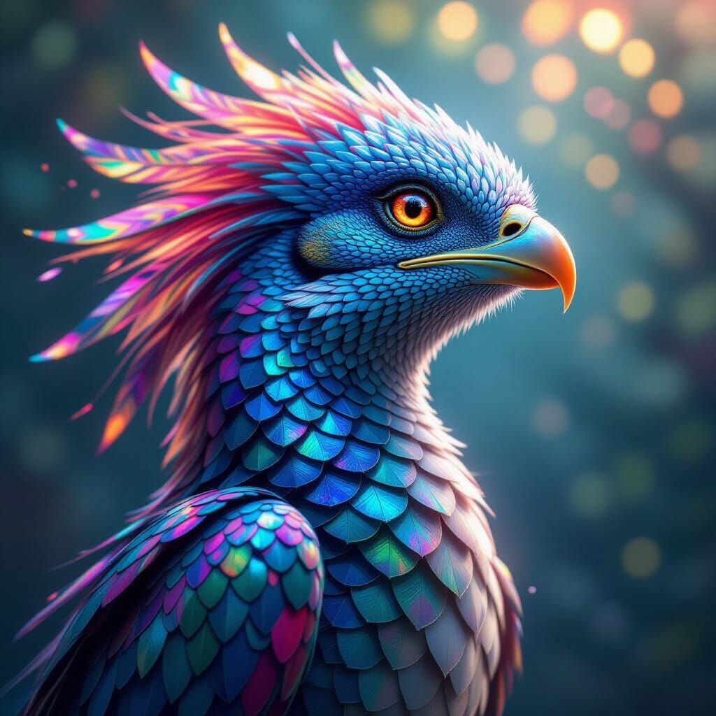 Mystical Iridescent Creature with Vibrant Plumage