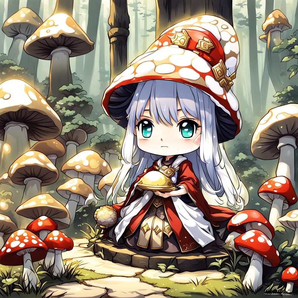 Adorable Chibi Mushroom Priestess in Anime Style