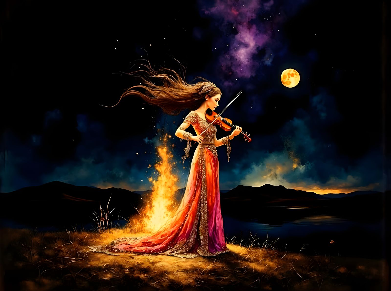 Gypsy Woman Celebration with Bonfire and Moon