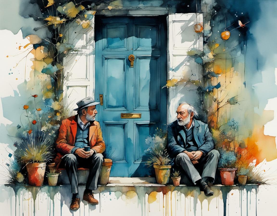 Tired at the Doorway: Whimsical Cubist Illustration