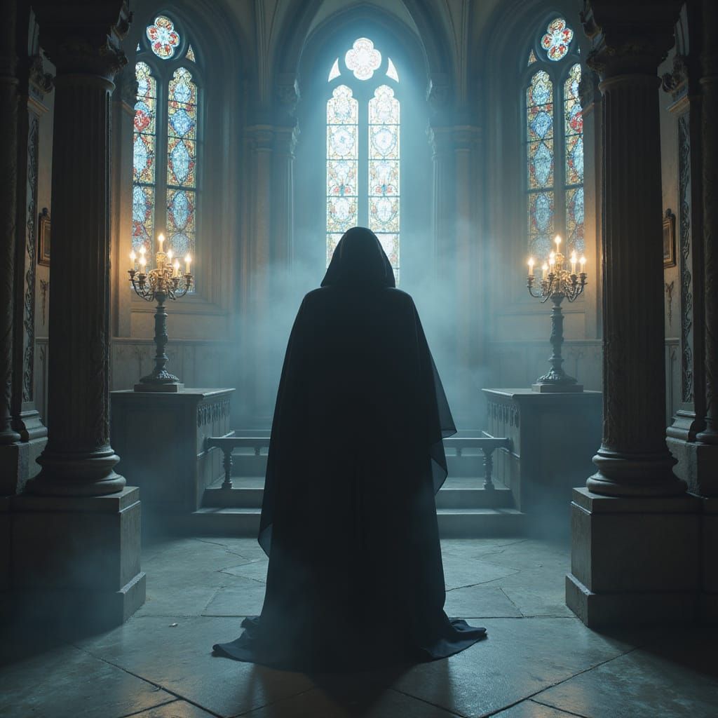Mysterious Figure in Neo-Gothic Cathedral
