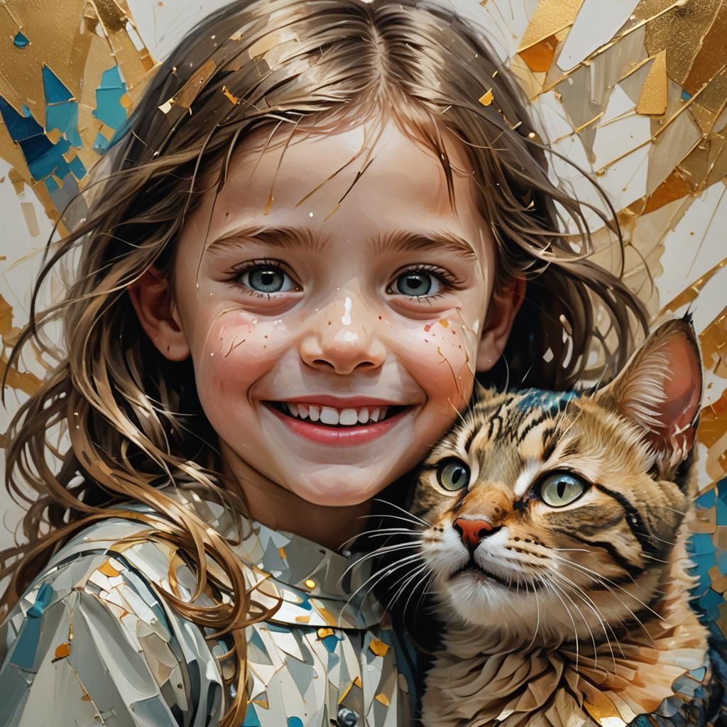 Girl and Cat Embrace in Whimsical Oil Painting