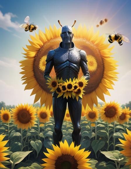 Sunflower Bee Man Smiles in Sunlit Field