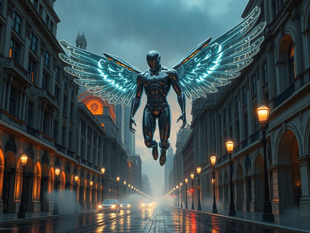 Cyberpunk Angel of Death in Futuristic Cityscape