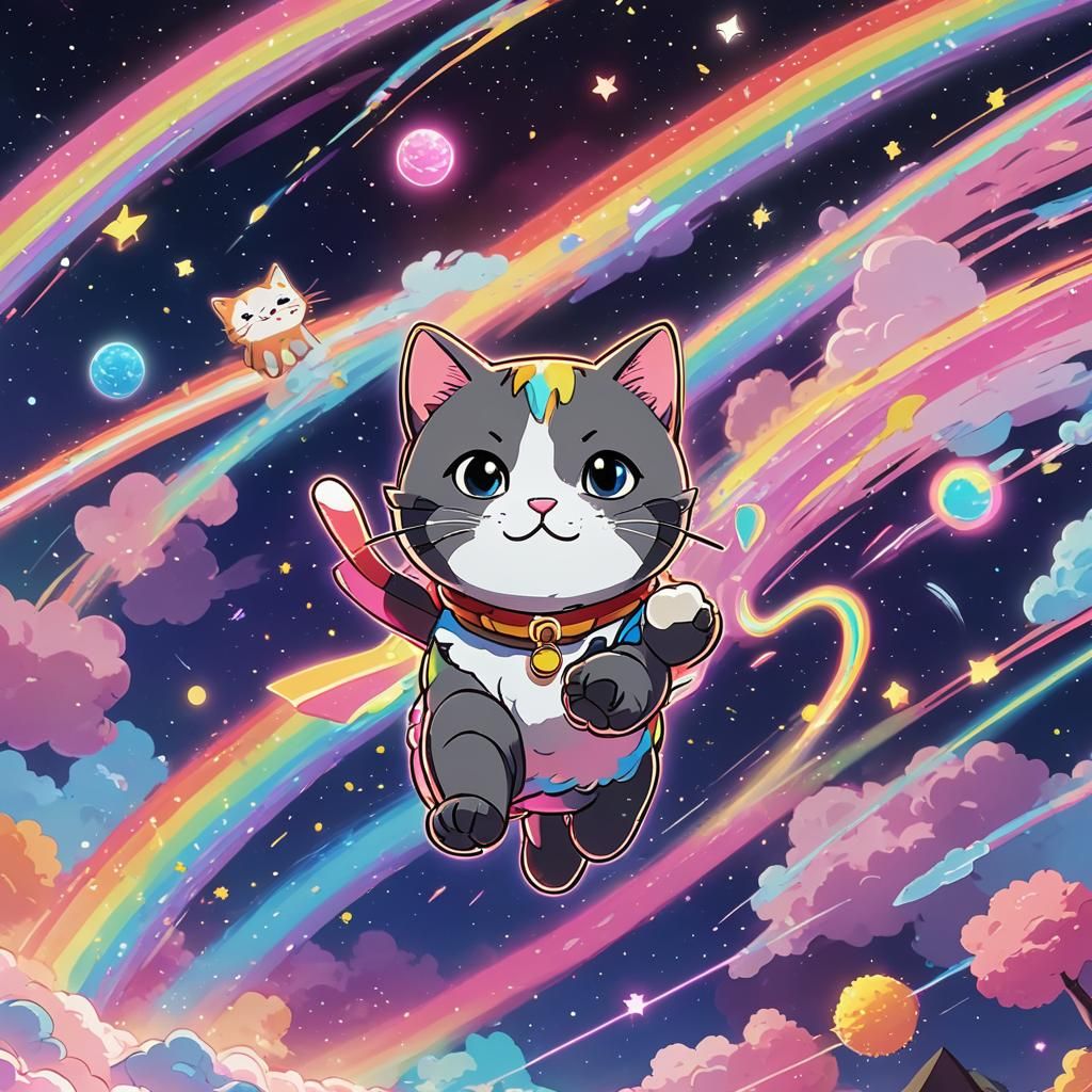 Nyan Cat Soaring Through Space in Anime Style
