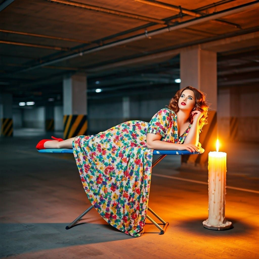 Girl on Ironing Board in Underground Parking Hall