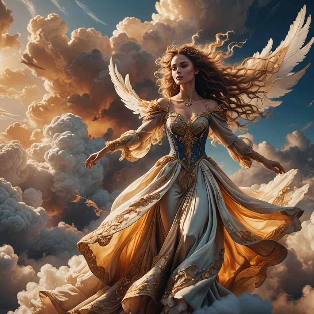 Ethereal Fashion Model Flying on Cloud