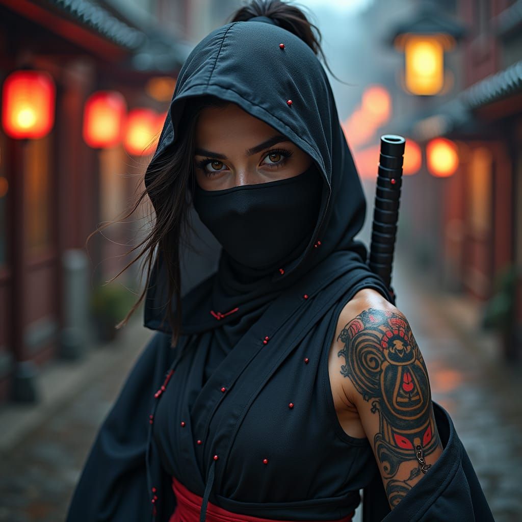 Alluring Ninja with Tattoos and Kimono in Illustrative Style