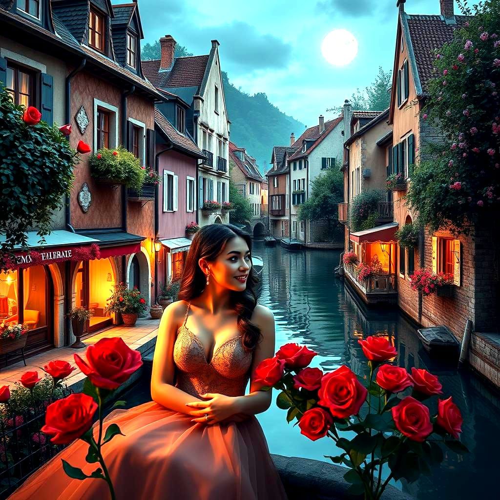 Romantic Couple in European Village: Digital Art