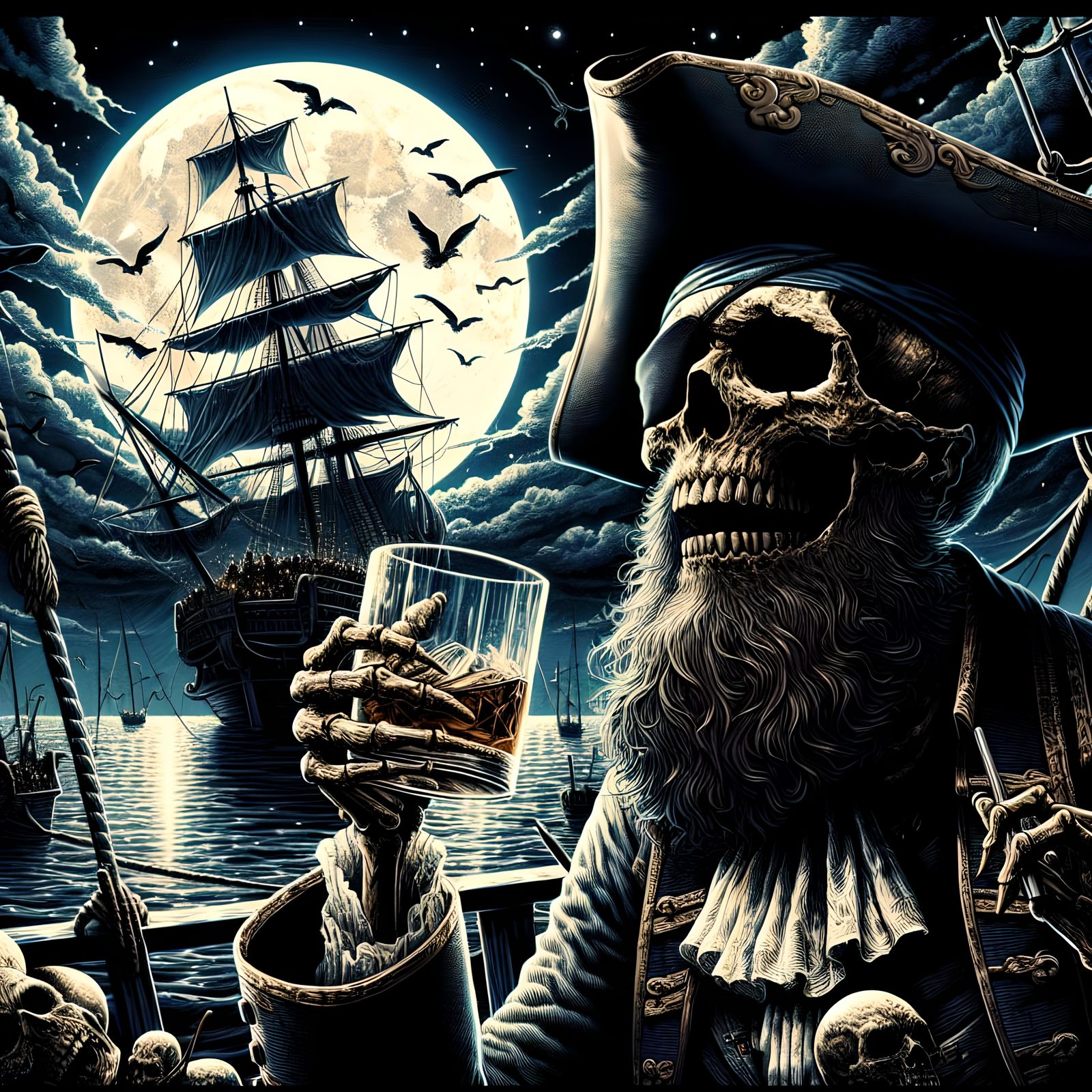Skeleton Pirate Sails Sea of Lost Souls: Woodblock Print