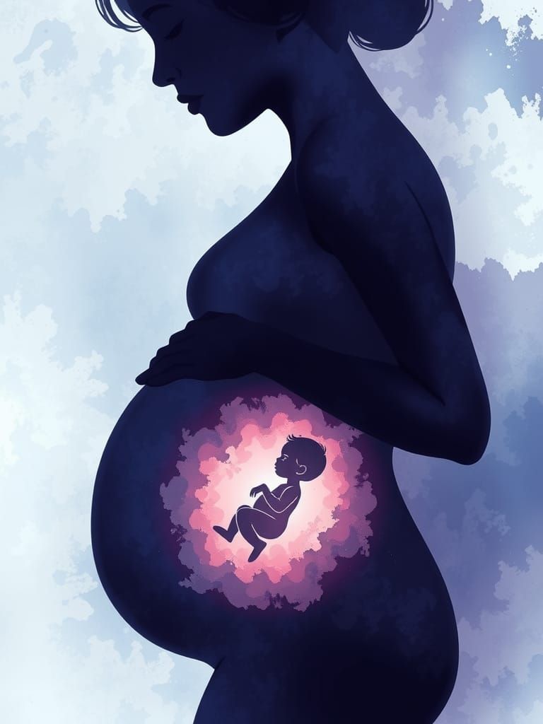 Pregnant Woman Silhouette with Baby, Alcohol Ink Style