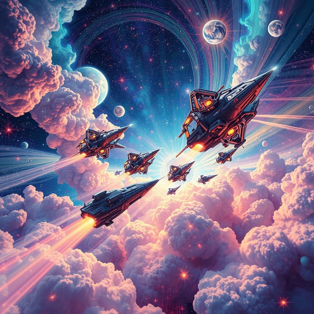 Spaceships Fight Cosmic Cataclysm in Holographic Illustratio...