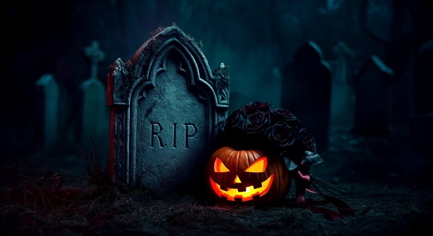 Halloween Cemetery with Black Roses: Pixar-style 3D Art