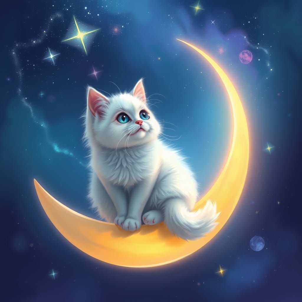 Fluffy Cat on Moon Gazing at Sparkling Galaxy
