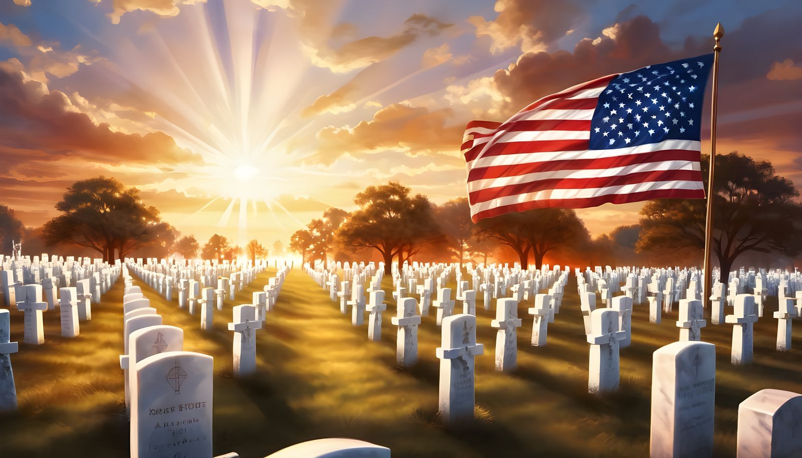 US Flag Over Cemetery of White Crosses