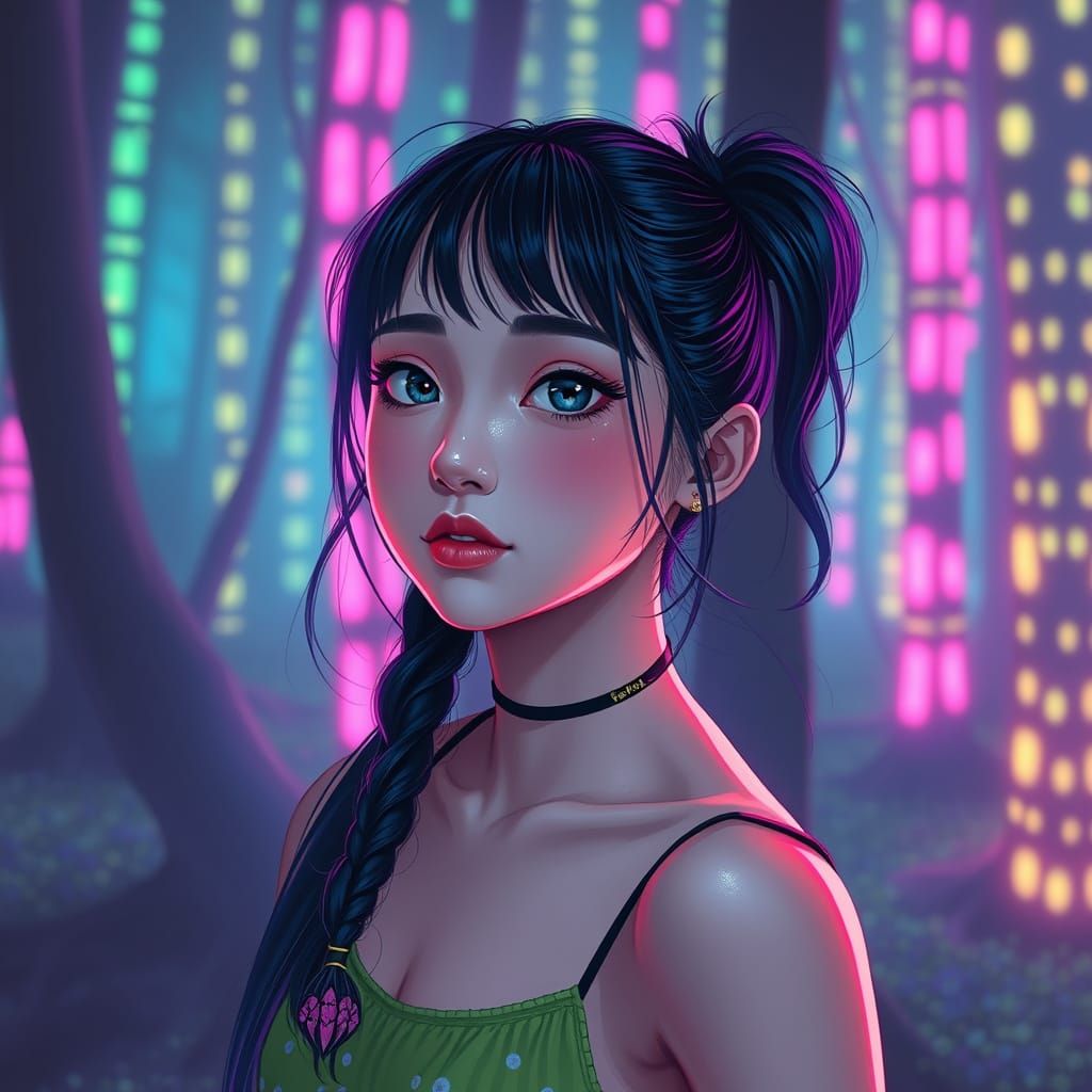 Y2K Girl in a Glowing Neon Forest