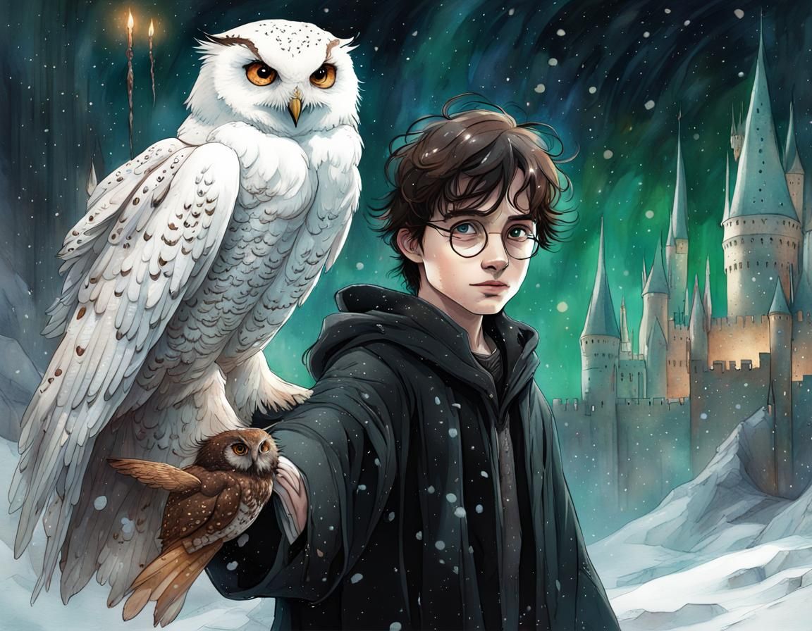 Harry with Hedwig & Pigwidgeon