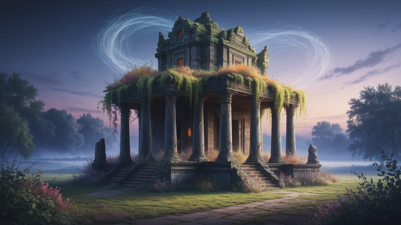 Ancient Temple Overgrown with Flora at Twilight