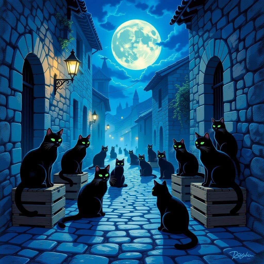 Moonlit Black Cats in Dark Fantasy Alleyway