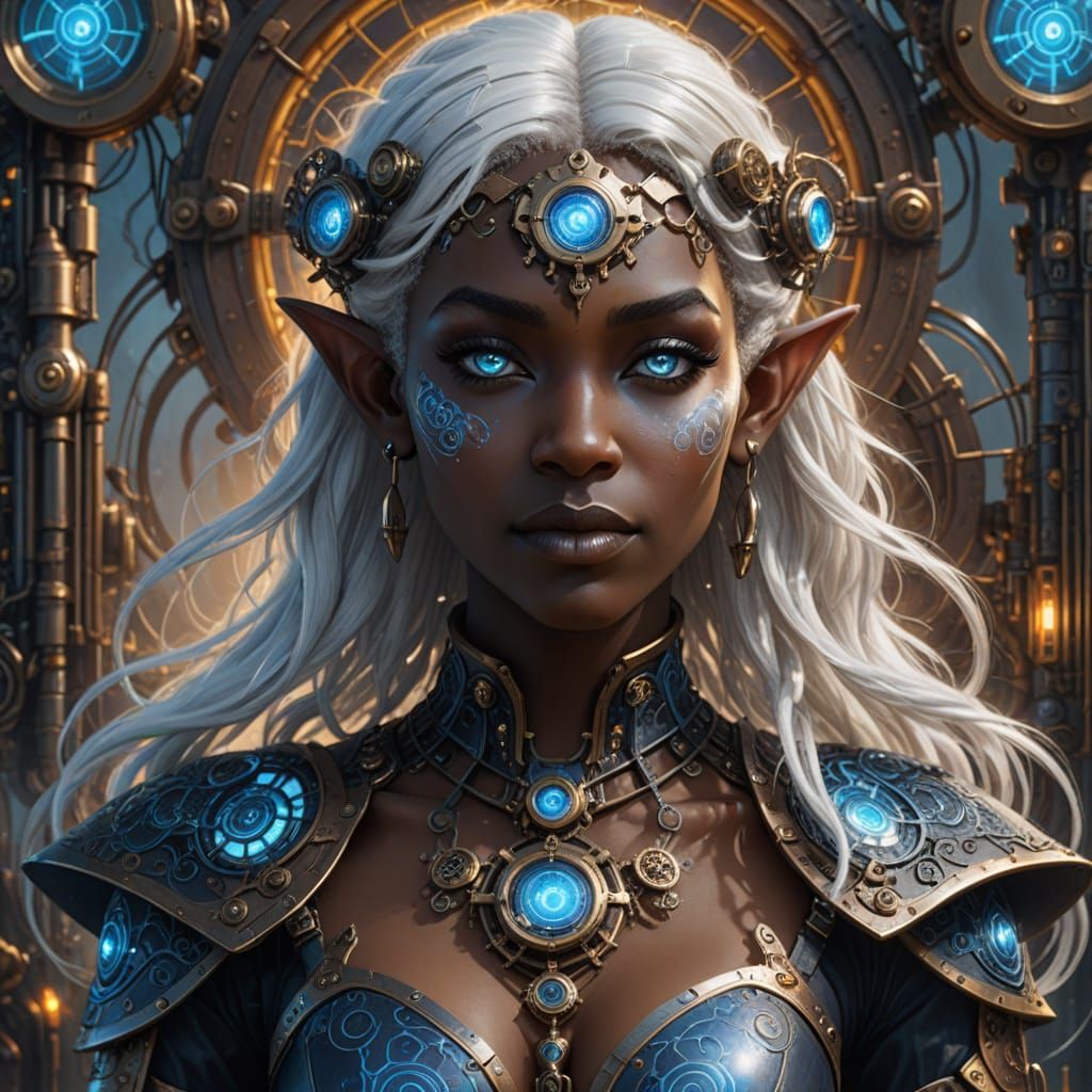 Elf With Blue Eyes and Glowing Circuits in Misty Steampunk S...