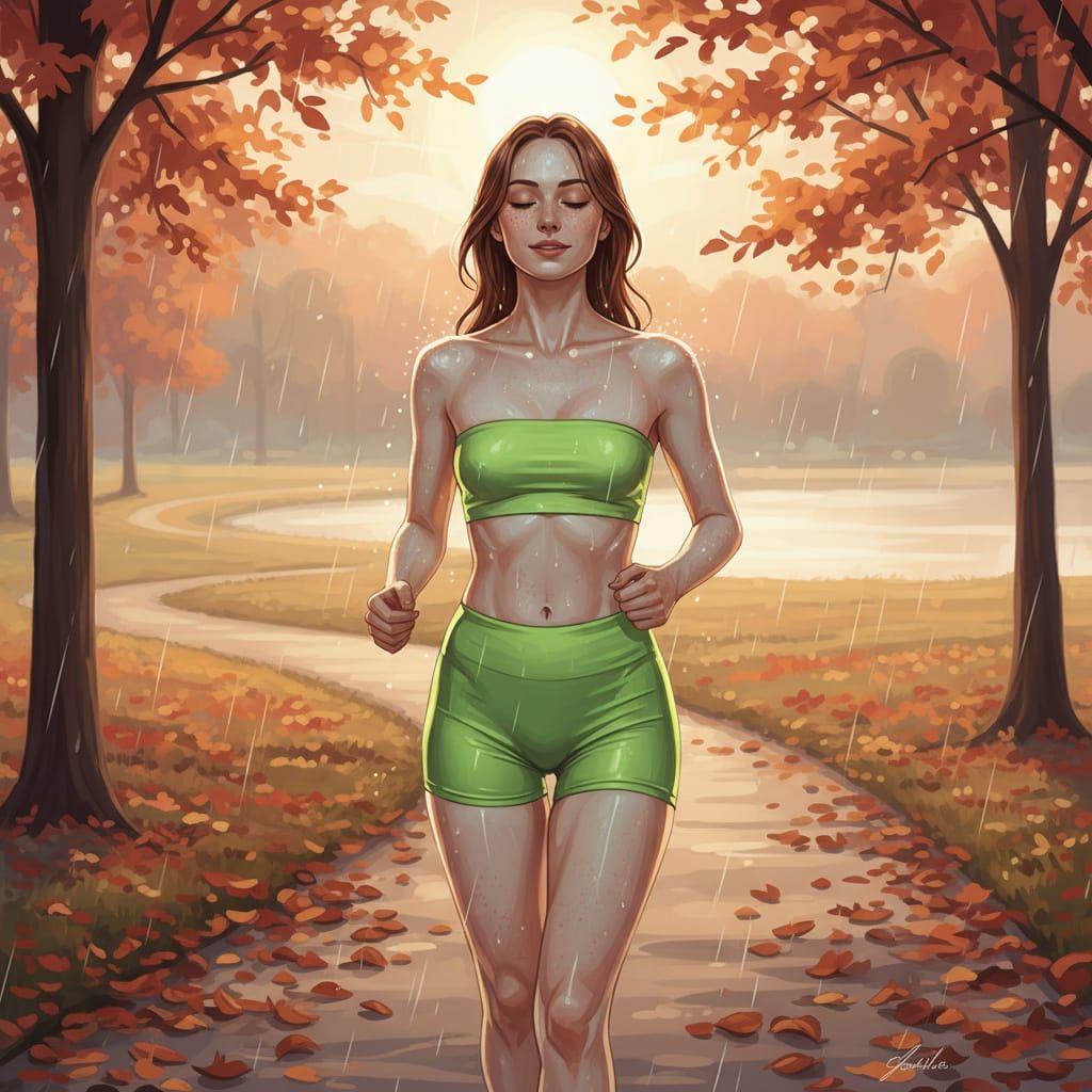 Woman in Neon Green Running in Autumn Sunset