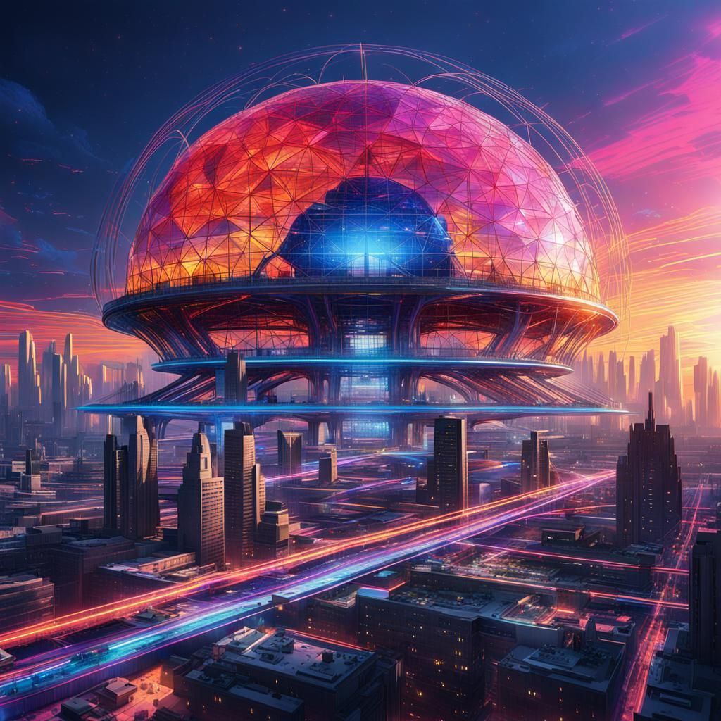 Futuristic Cybernetic Cityscape with Neon Sunset Sky