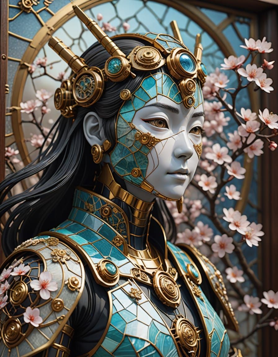 Steampunk Stained Glass Robot in Zen Garden