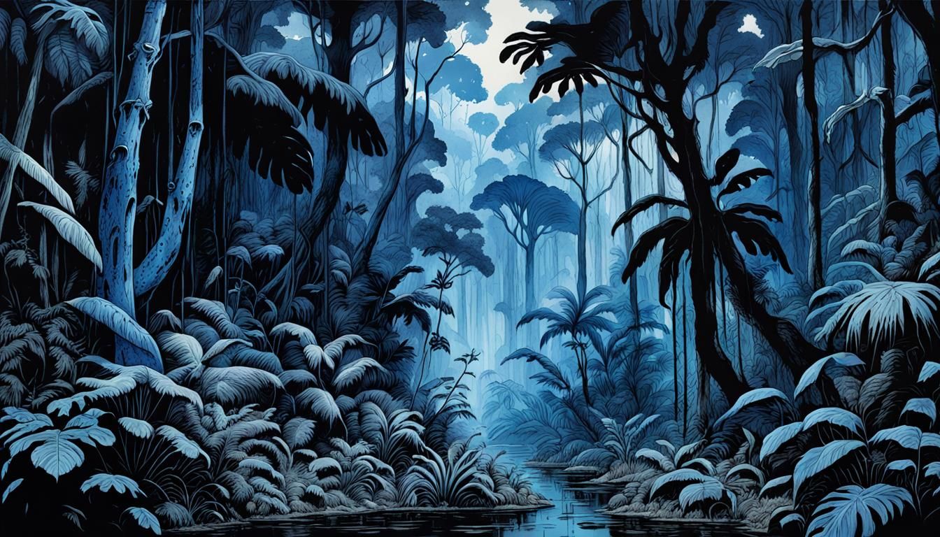 Blue Rainforest Ink Painting in Film Noir Style