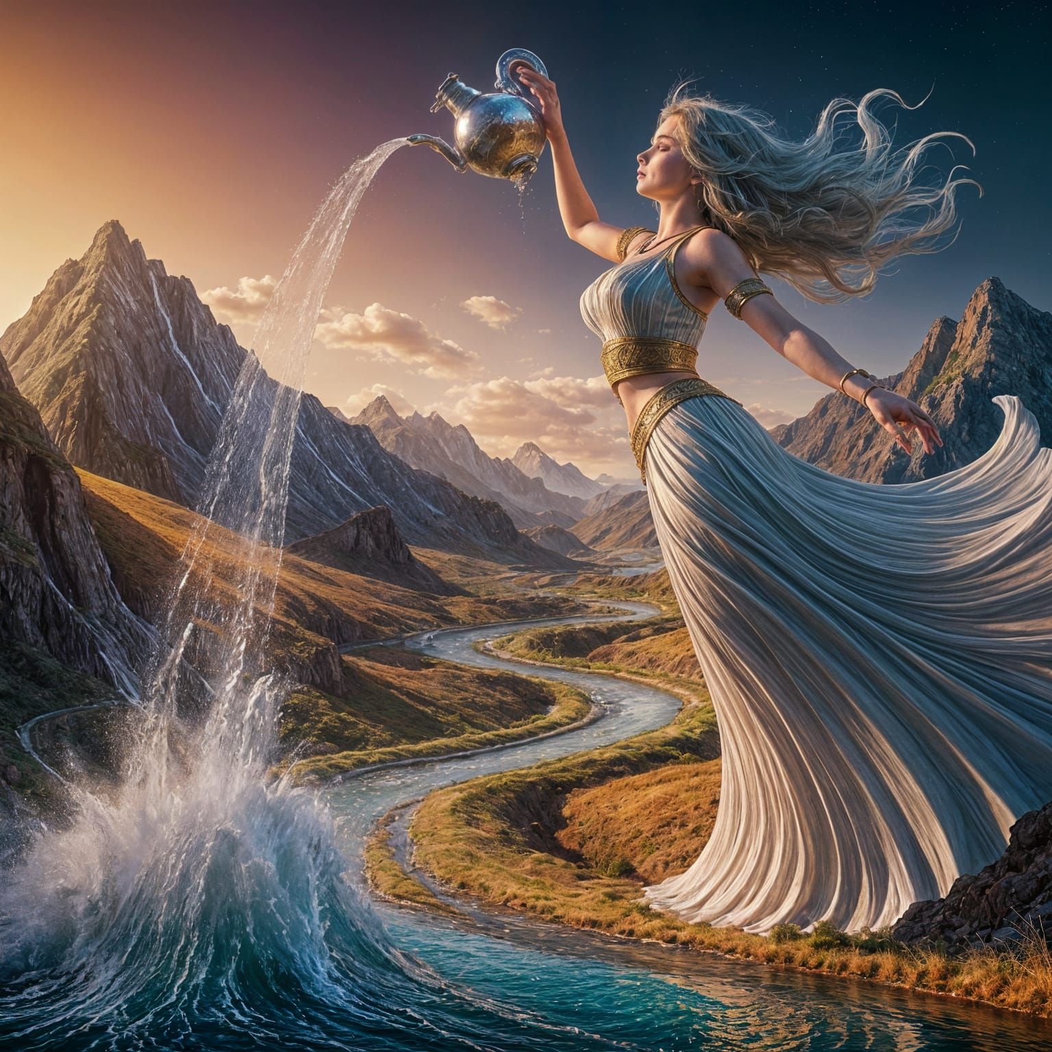 Goddess Creating a Waterfall in 3D Render