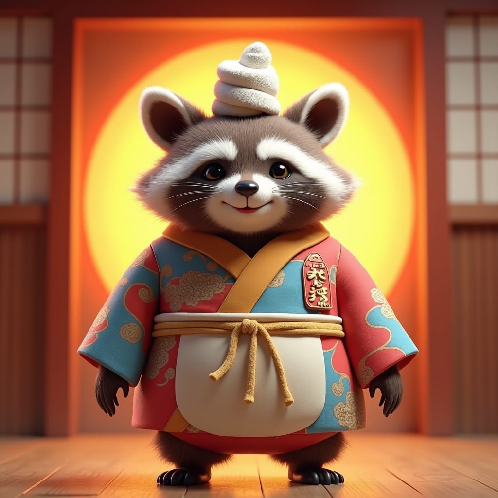 Chubby Raccoon Dog Izakaya Staff in 3D Digital Art