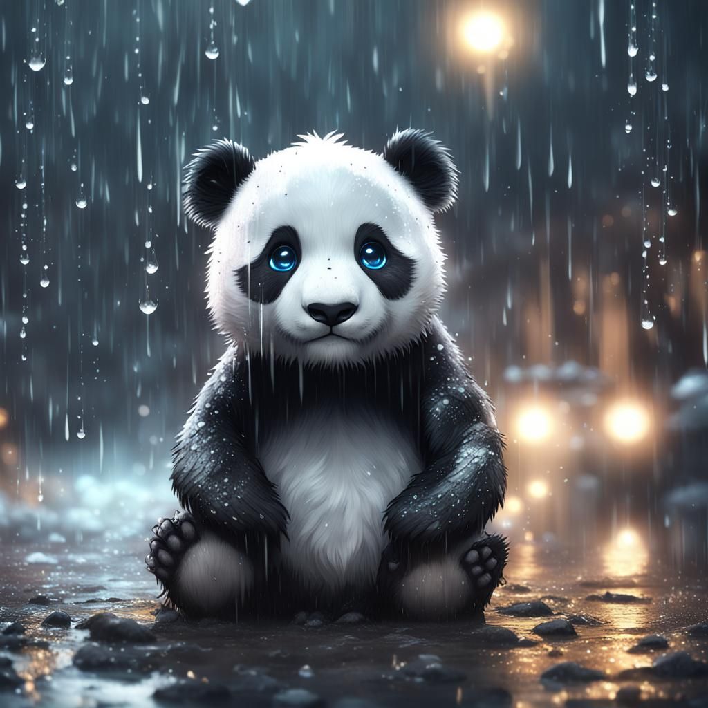 "Adorable sad baby chibi panda cub in the pouring rain with huge beautiful eyes, Breathtaking Fantasy core Artwork. Intr...