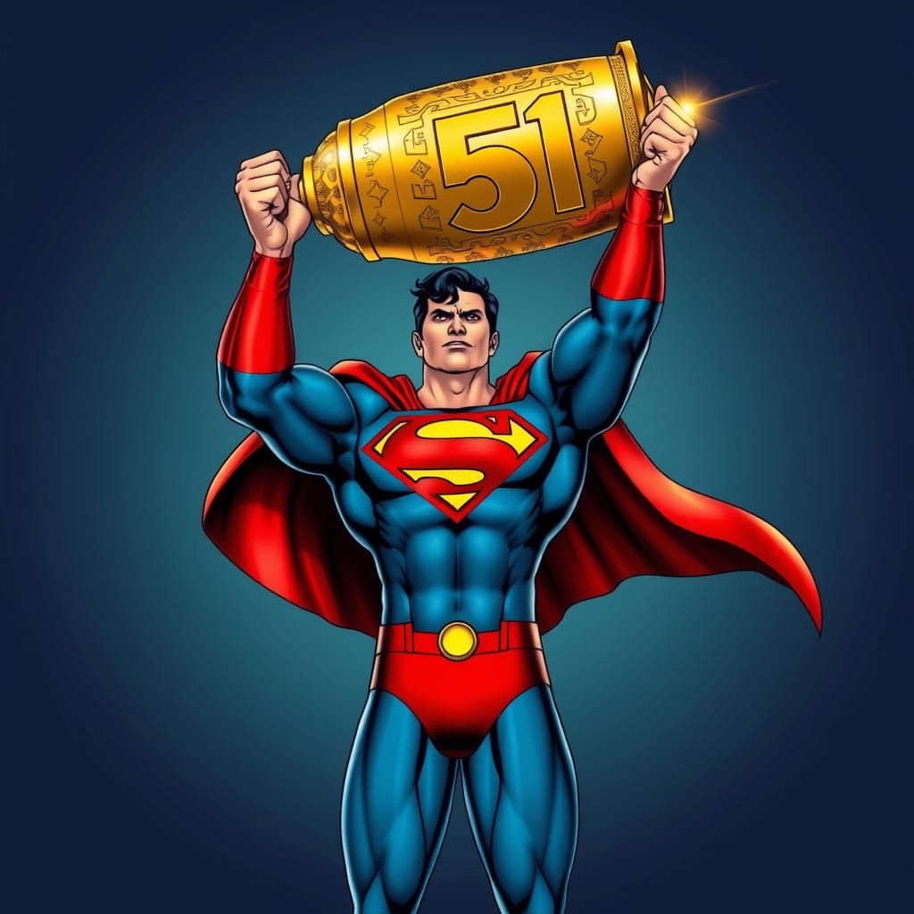 Superman holding a golden trophy. In the trophy is wrote "51...
