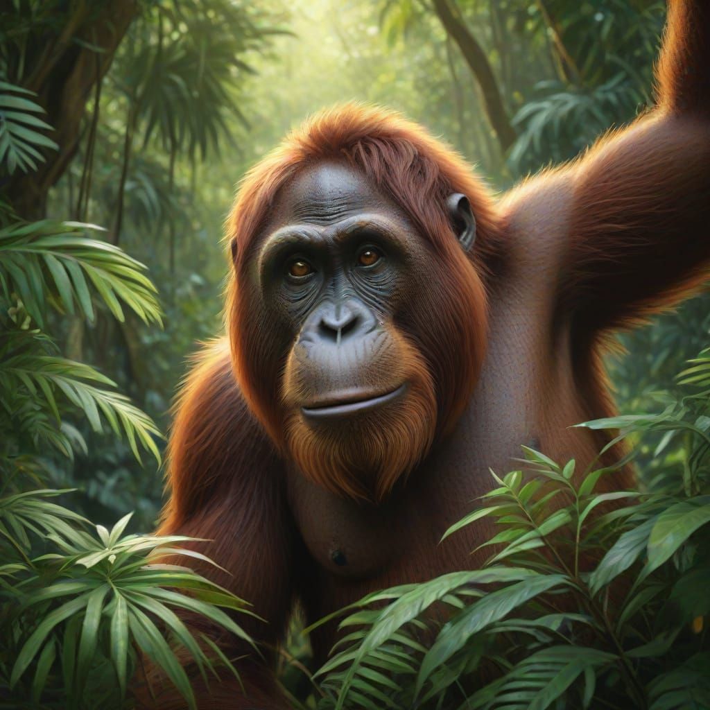 Vibrant Jungle Orangutan in Oil Painting Style