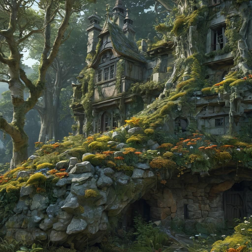Lichen in Forest Village: Medieval Fantasy Art