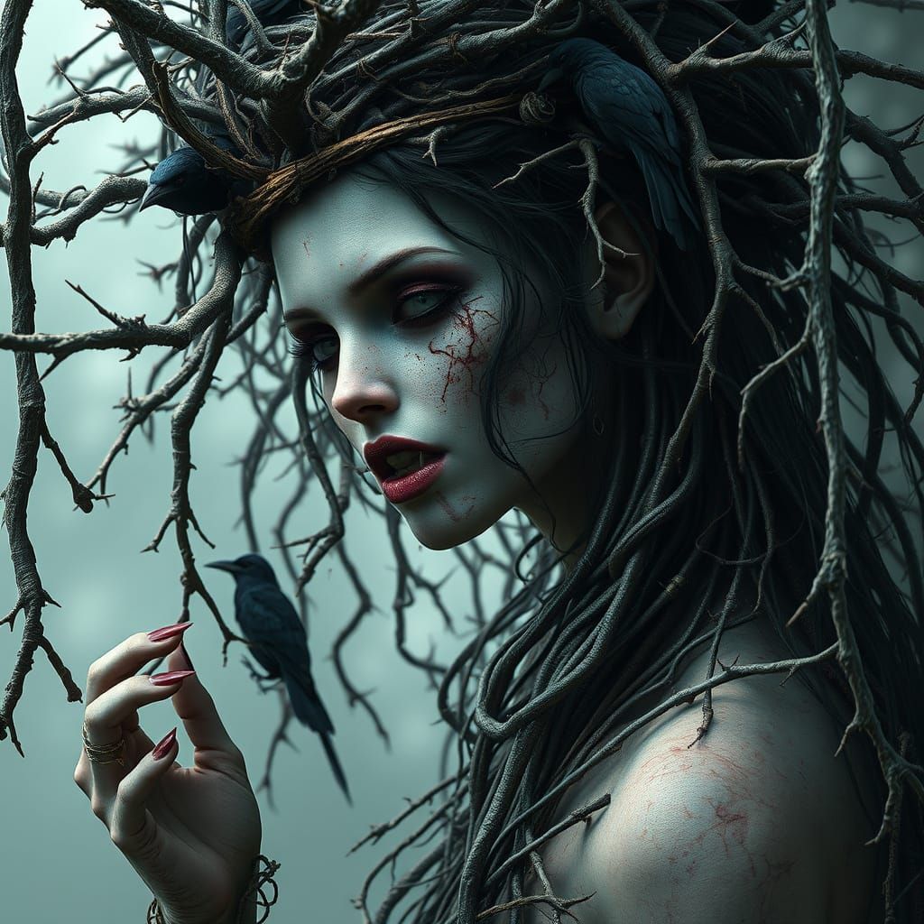 Grotesque Fey Queen Bound by Living Thorns