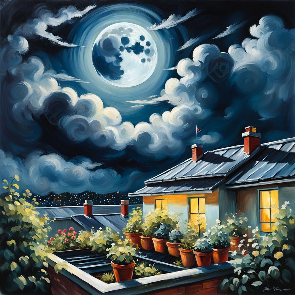 Dramatic Full Moon Over Rooftop Garden Oil Painting