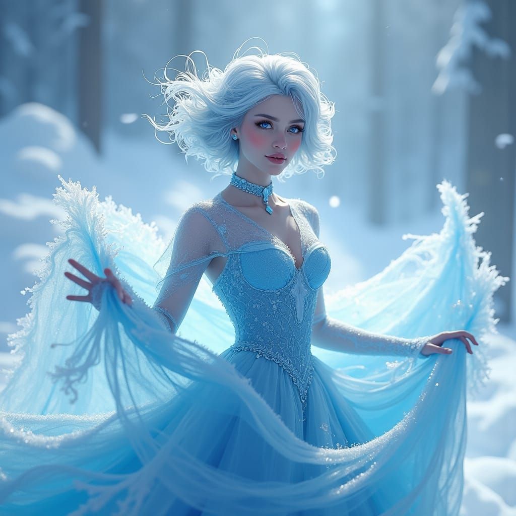 Ice Maiden Summons a Snowstorm in Digital Art