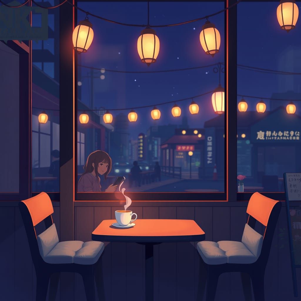 Anime Woman in Quiet Cafe at Night